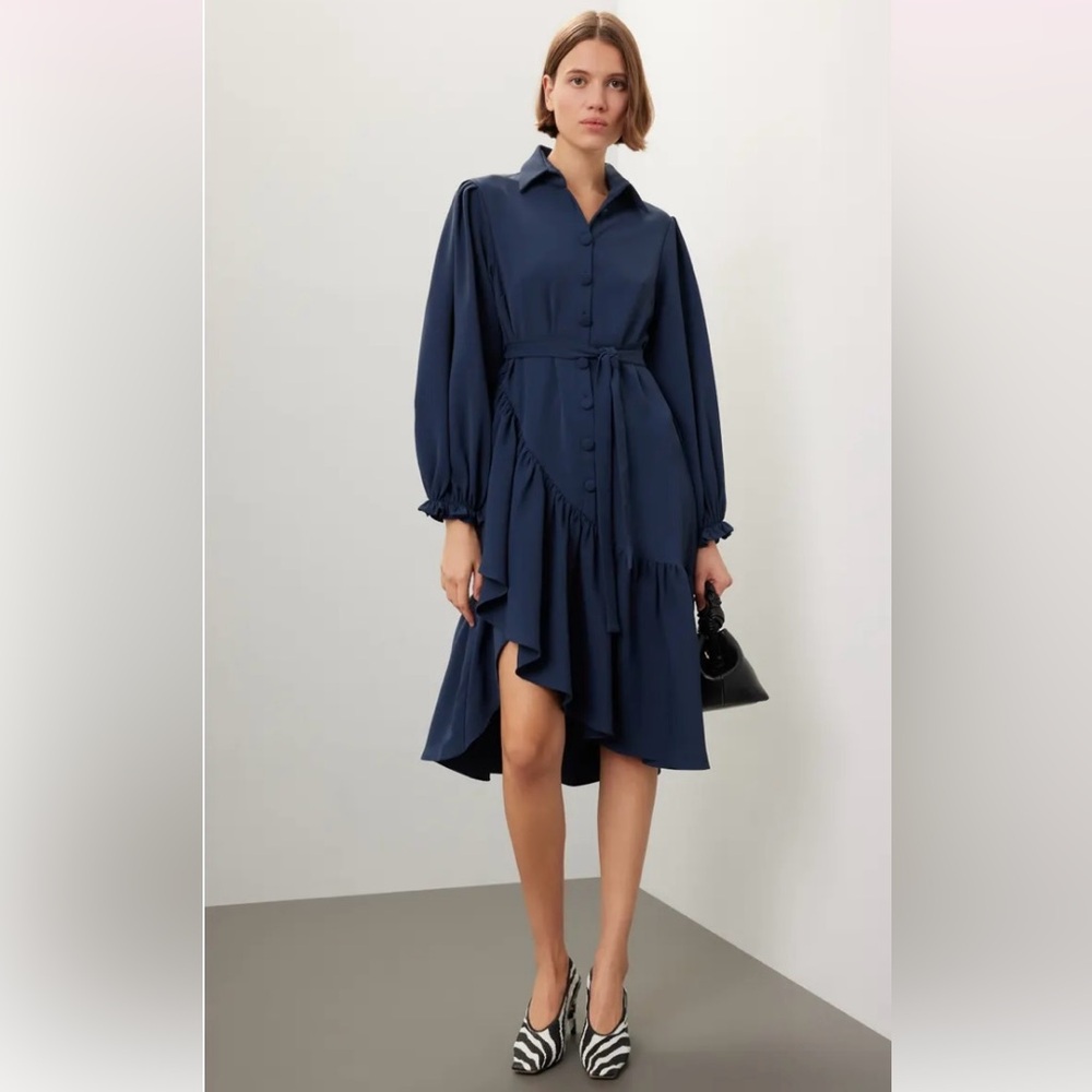 Osman Yousefzada Twill Ruffle Dress Navy Blue Womens Size 2 Original Retail $490